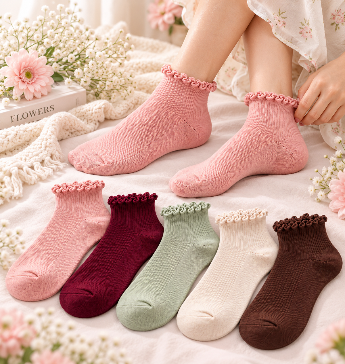 women’s pure cotton ruffle socks 5 pairs multicolor