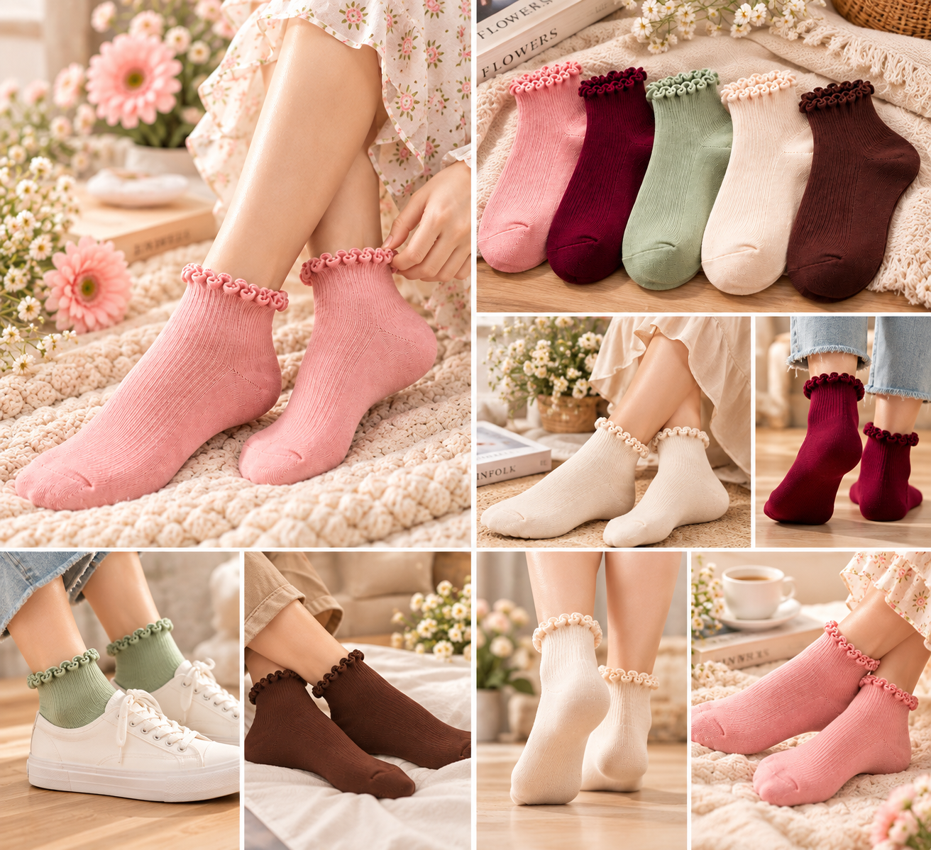 Pink ruffle socks worn with white sneakers and floral skirt