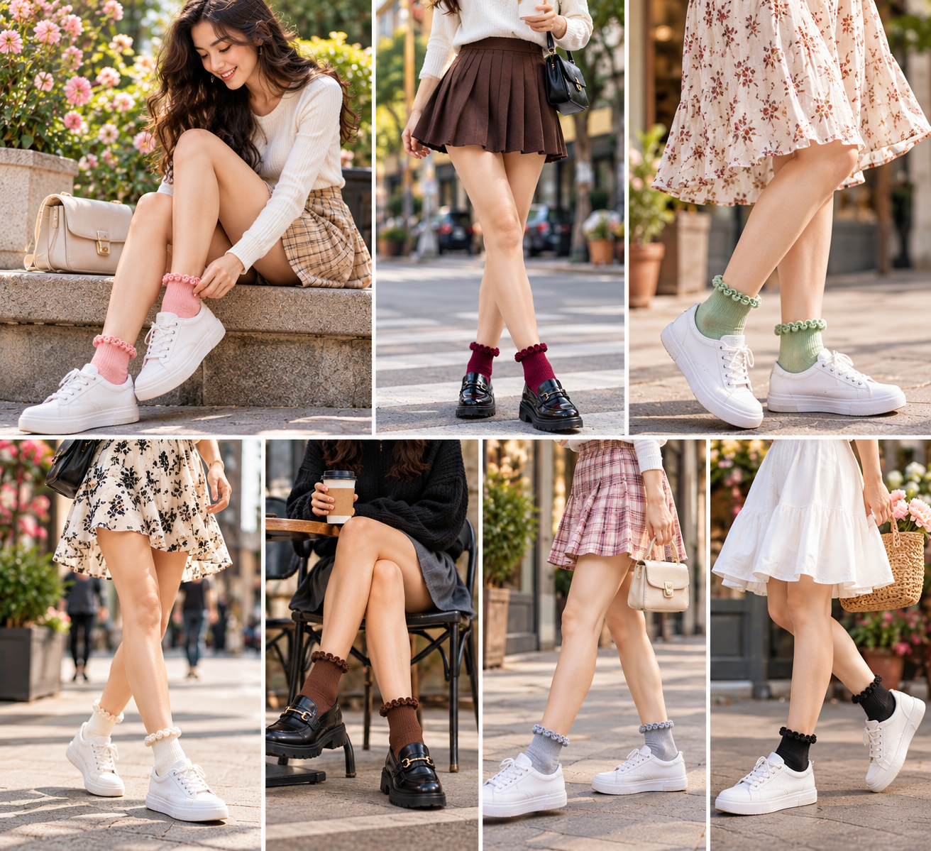 women’s ruffle socks in pink burgundy sage cream and brown
