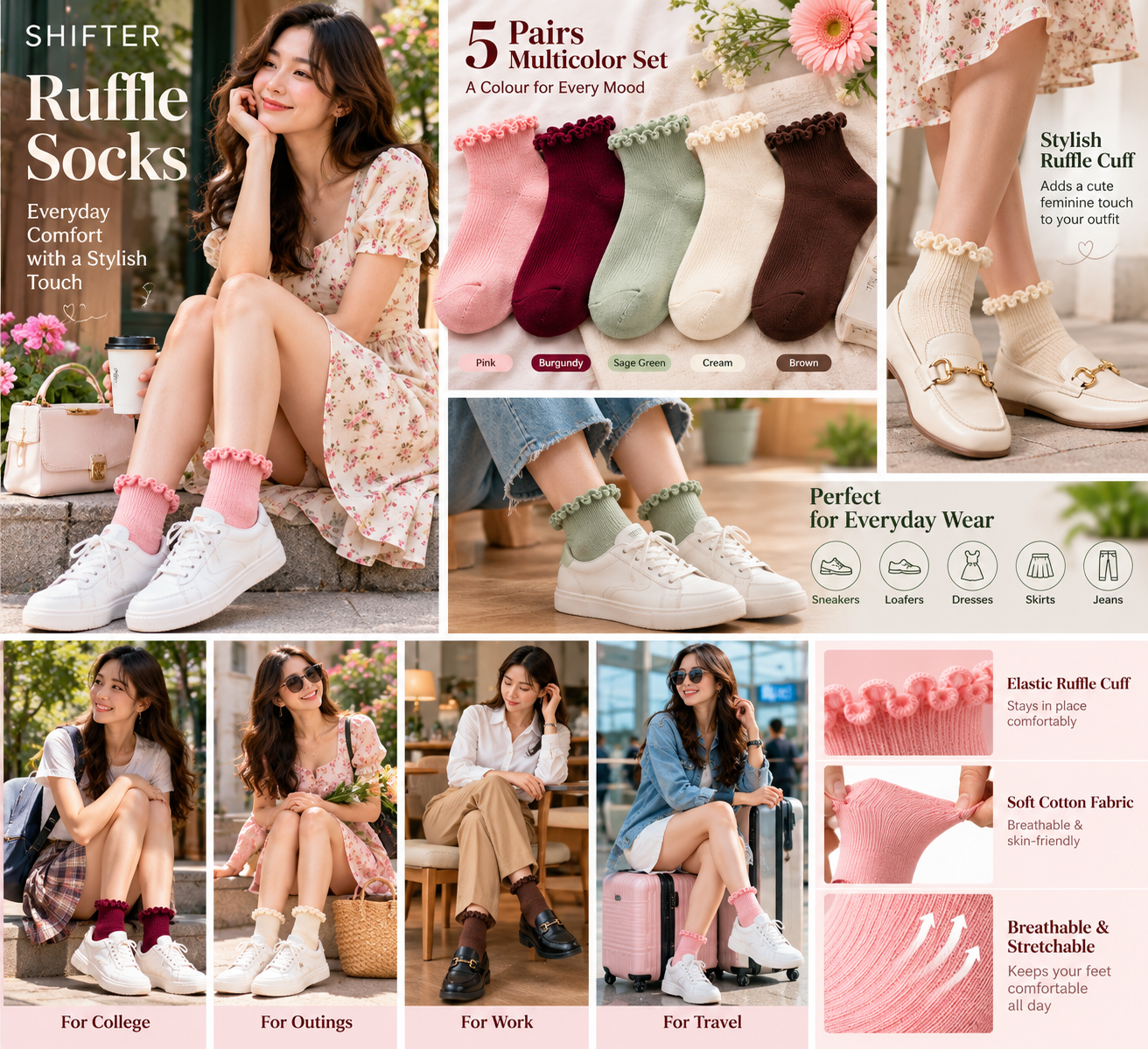 Women wearing pink ruffle ankle socks with skirt and sneakers