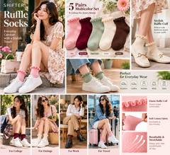 Women wearing pink ruffle ankle socks with skirt and sneakers