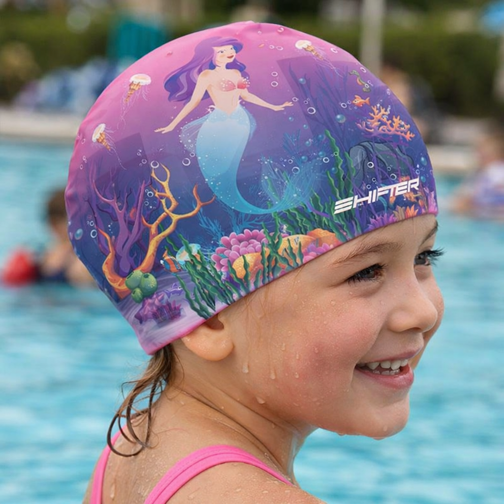 swimming cap kids girls pink unicorn mermaid printed premium speedo cosco decathlon