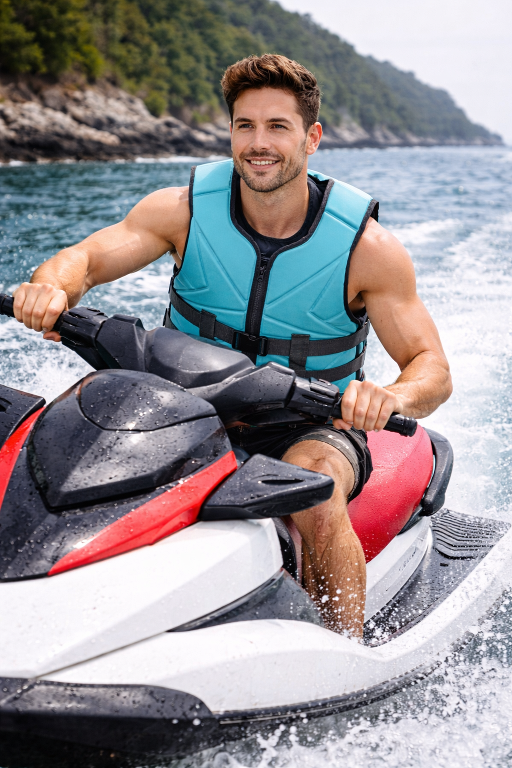 adult jet skiing with life jacket high buoyancy safety vest water sports