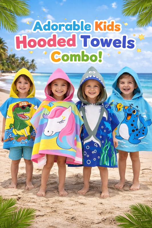 Kids hooded towel combo set with shark unicorn dinosaur and sea animal designs for boys and girls beach wear