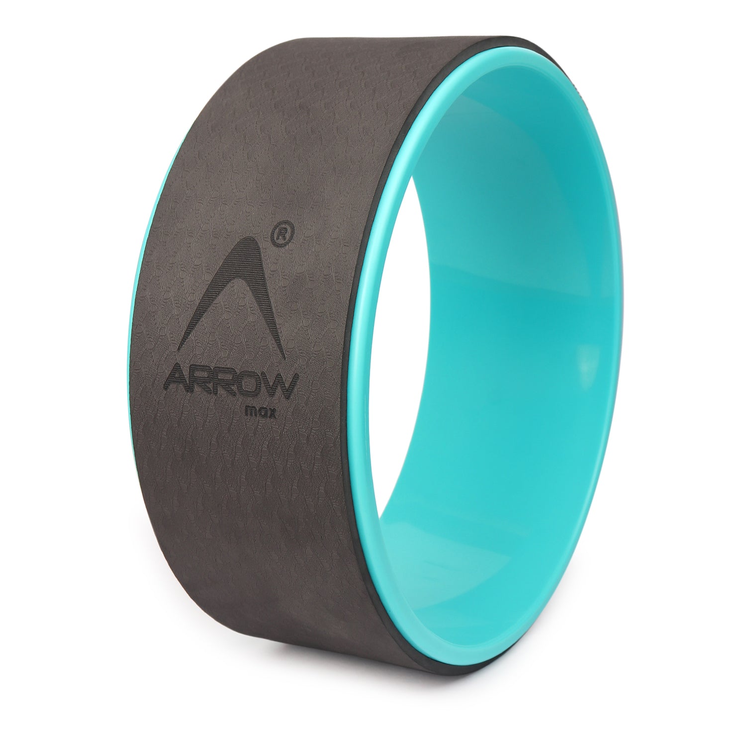 Yoga wheel with black exterior and teal interior on a white background