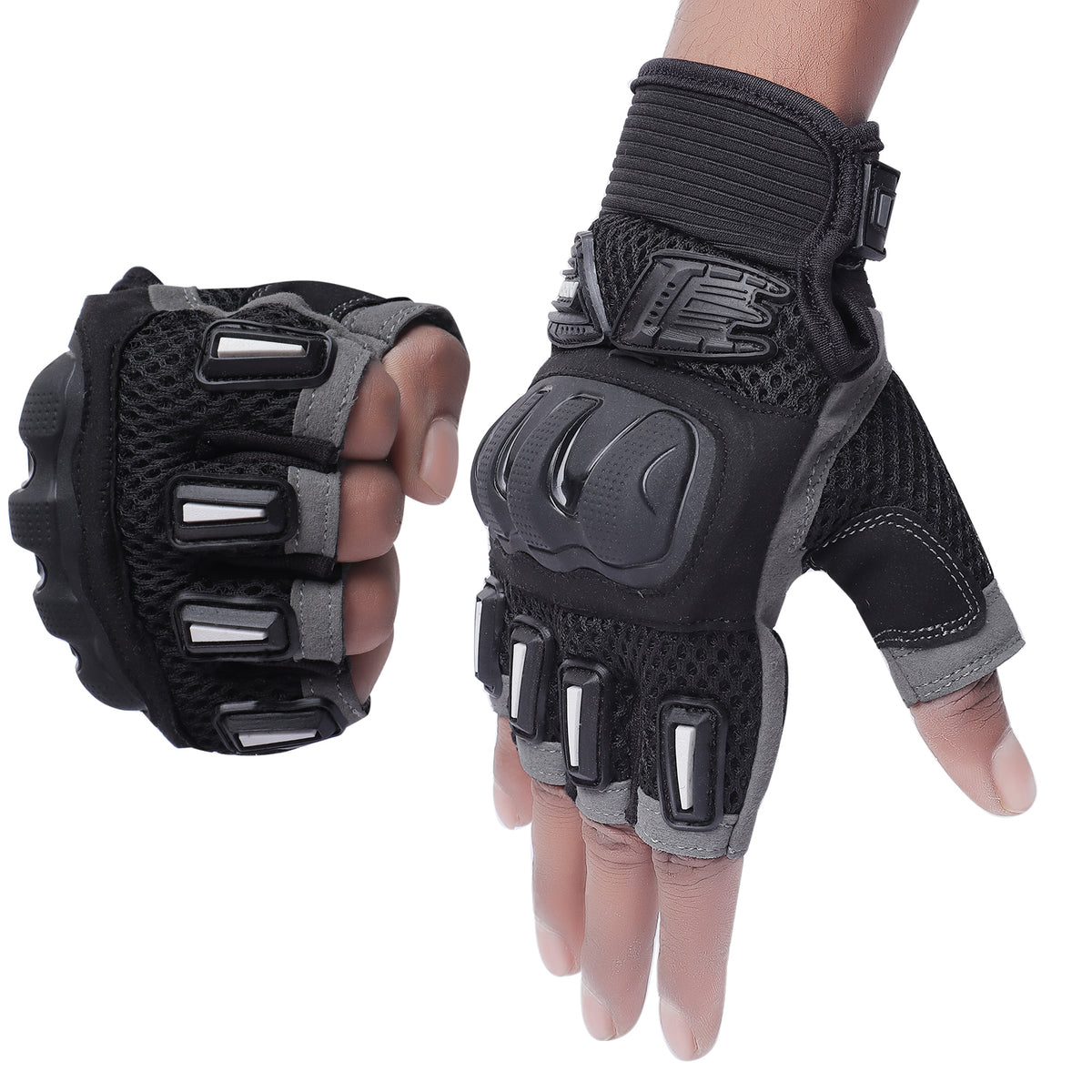 Premium Nylon Riding Gloves Half Cut Finger With Knuckles Bike Rider -Burnout