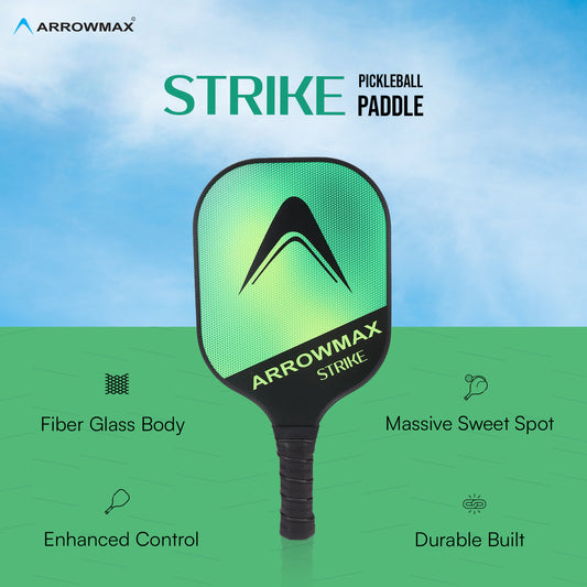pickleball paddle, pickle ball, pickleball rackets, fiber glass, front, arrowmax strike paddle, green, with cover