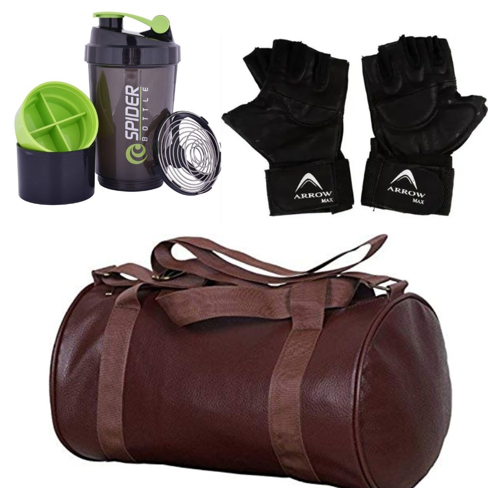 Gym Combo Set - Leather Gym Duffle Bag+Spider Gym Shaker Bottle+ Gym Gloves